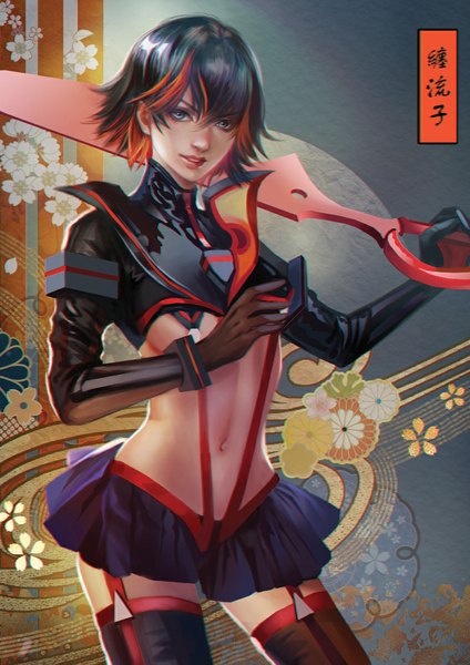 Anime picture 800x1132 with kill la kill studio trigger matoi ryuuko jiuge single tall image short hair breasts blue eyes light erotic black hair holding multicolored hair lips realistic no bra two-tone hair bare belly streaked hair lipstick