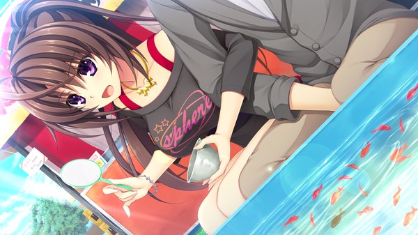 Anime picture 2194x1234 with pretty x cation 2 hibiki works ashiya suzuka long hair highres open mouth brown hair wide image purple eyes game cg ponytail squat girl boy animal fish (fishes)