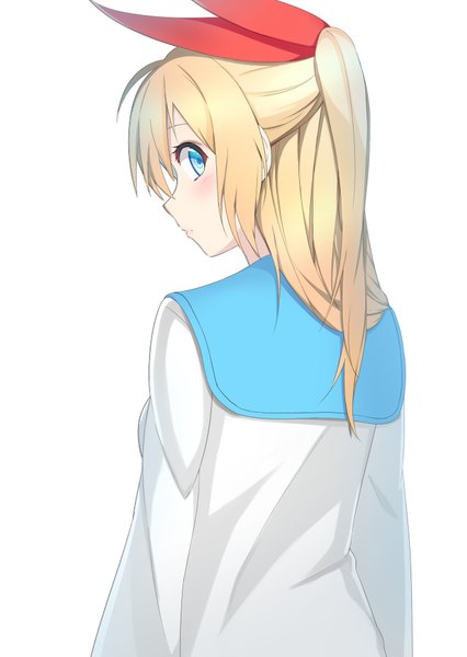 Anime picture 680x957 with nisekoi shaft (studio) kirisaki chitoge mkt single long hair tall image looking at viewer blush fringe blue eyes simple background blonde hair white background upper body ahoge ponytail long sleeves looking back from behind
