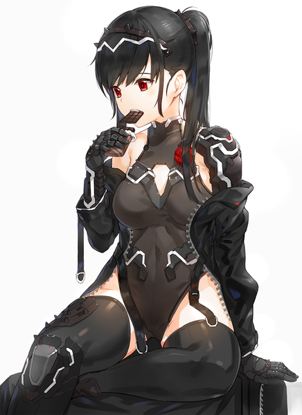 Anime picture 779x1070 with original kfr single long hair tall image blush fringe breasts light erotic black hair simple background red eyes white background sitting holding looking away ponytail off shoulder arm support eating