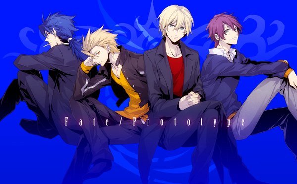 Anime picture 1286x800 with fate (series) fate/prototype type-moon tagme (character) gilgamesh (fate) cu chulainn (fate) xia (ryugo) long hair short hair blonde hair simple background red eyes wide image sitting blue hair purple hair ponytail looking back aqua eyes inscription