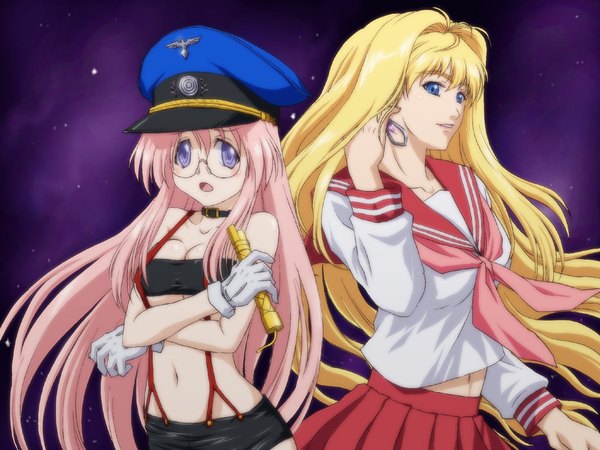 Anime picture 1024x768 with lucky star macross macross frontier kyoto animation sheryl nome takara miyuki iga tomoteru long hair blue eyes blonde hair pink hair cosplay crossover costume switch sheryl nome (cosplay) girl uniform school uniform hat earrings