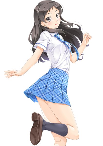 Anime picture 827x1169 with idolmaster idolmaster million live! kitazawa shiho miri (ago550421) single long hair tall image blush open mouth black hair white background black eyes rough time school girl skirt uniform school uniform shirt socks necktie