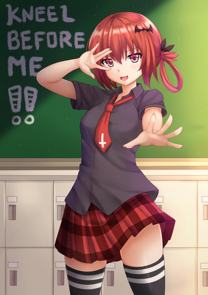 Anime picture 1200x1697 with gabriel dropout doga kobo satanichia kurumizawa mcdowell kazenokaze single tall image looking at viewer blush fringe short hair open mouth hair between eyes standing purple eyes red hair indoors :d pleated skirt fang (fangs) zettai ryouiki