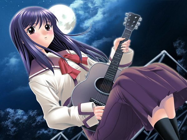 Anime picture 1024x768 with harem days (game) long hair black hair red eyes game cg night girl serafuku moon