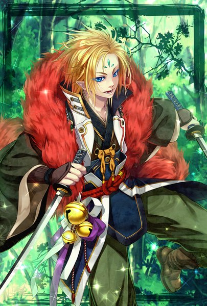 Anime picture 676x1000 with original yuca single tall image short hair open mouth blue eyes blonde hair holding looking away pointy ears sparkle dual wielding boy weapon sword tree (trees) katana fur bell