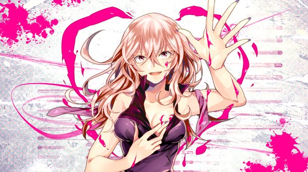 Anime picture 1500x839 with utau gahata mage toudou charo single long hair looking at viewer fringe breasts open mouth light erotic wide image bare shoulders pink hair upper body nail polish pink eyes arm up fingernails no bra tattoo
