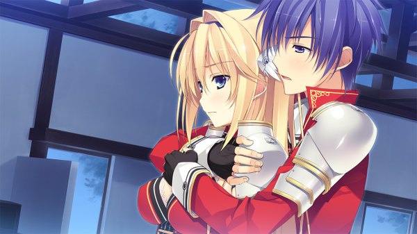 Anime picture 1280x720 with koikishi purely kiss elcia harvence yuuki hagure long hair short hair blue eyes blonde hair wide image purple eyes game cg purple hair couple hug hug from behind girl boy gloves black gloves armor fingerless gloves