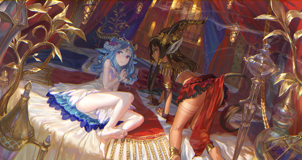 Anime picture 1880x1000 with original ox (baallore) long hair looking at viewer fringe highres light erotic black hair wide image purple eyes multiple girls brown eyes animal ears blue hair indoors tail looking back barefoot horn (horns) bare legs