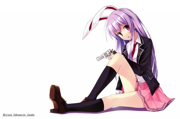 Anime picture 1784x1183 with touhou reisen udongein inaba mushroom (artist) single long hair looking at viewer blush highres open mouth simple background red eyes white background purple hair bunny ears legs girl skirt weapon socks necktie