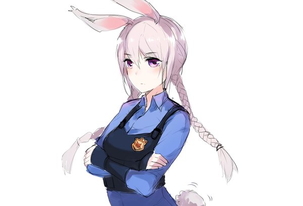 Anime picture 3464x2362 with zootopia disney judy hopps horz single long hair looking at viewer blush fringe highres breasts simple background hair between eyes white background purple eyes animal ears absurdres tail animal tail grey hair