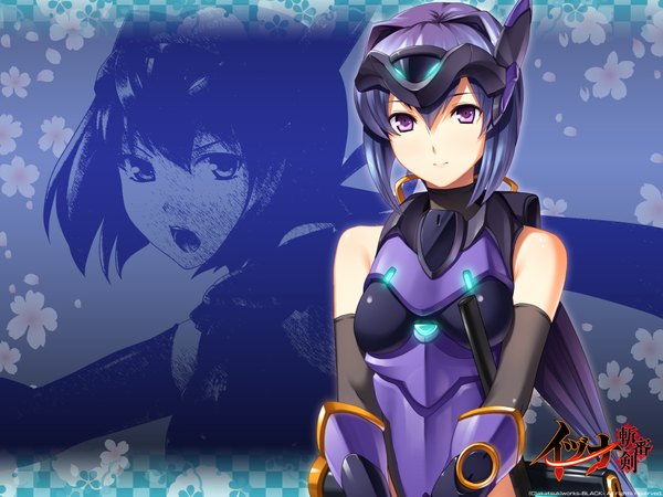 Anime picture 1920x1440 with izuna zanshinken (game) single long hair looking at viewer highres purple eyes bare shoulders blue hair ponytail girl gloves elbow gloves bodysuit