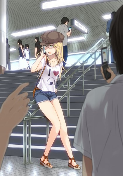 Anime picture 700x998 with idolmaster hoshii miki 3u long hair tall image fringe open mouth blonde hair holding green eyes looking away indoors arm support bare legs short sleeves legs happy walking talking girl