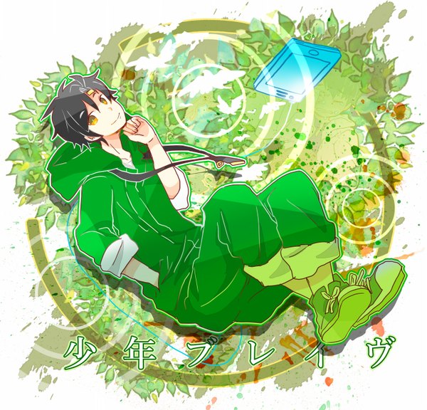 Anime picture 1400x1346 with kagerou project shaft (studio) seto kousuke 7:24 single looking at viewer short hair black hair smile yellow eyes hand in pocket boy animal shoes bird (birds) hood leaf (leaves) mobile phone sneakers jumpsuit