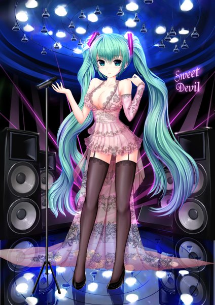Anime picture 3507x4960 with vocaloid sweet devil (vocaloid) hatsune miku zheyi parker single tall image highres breasts light erotic twintails absurdres very long hair aqua eyes aqua hair zettai ryouiki girl thighhighs dress black thighhighs detached sleeves