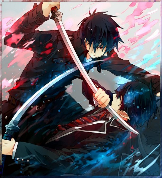 Anime picture 1024x1126 with ao no exorcist a-1 pictures okumura rin night (ao no exorcist) tall image short hair blue eyes black hair simple background red eyes sitting blue hair lying pointy ears grey background framed battle boy uniform shirt