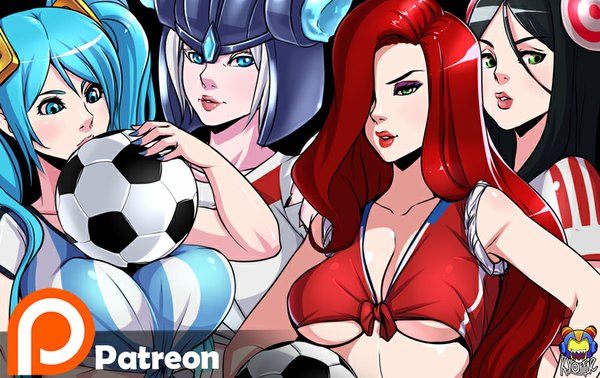 Anime picture 900x567 with league of legends sona buvelle katarina (league of legends) irelia (league of legends) sejuani (league of legends) kyoffie12 long hair fringe short hair breasts blue eyes light erotic black hair large breasts twintails multiple girls green eyes blue hair silver hair red hair