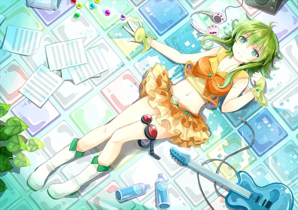 Anime picture 1200x847 with vocaloid gumi sakia (artist) single long hair looking at viewer green eyes green hair girl skirt navel glasses headphones leaf (leaves) bottle guitar musical note