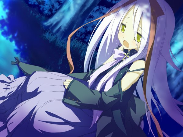 Anime picture 1600x1200 with hoshizora no memoria mare s ephemeral shida kazuhiro single long hair open mouth sitting green eyes looking away game cg white hair loli tears girl dress ribbon (ribbons) plant (plants) hair ribbon tree (trees)