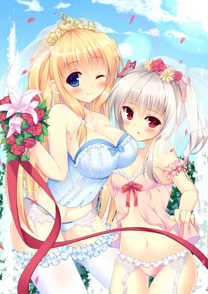 Anime picture 867x1227 with original bekotarou long hair tall image looking at viewer blush breasts light erotic blonde hair smile red eyes large breasts twintails bare shoulders multiple girls cleavage silver hair one eye closed hair flower wink