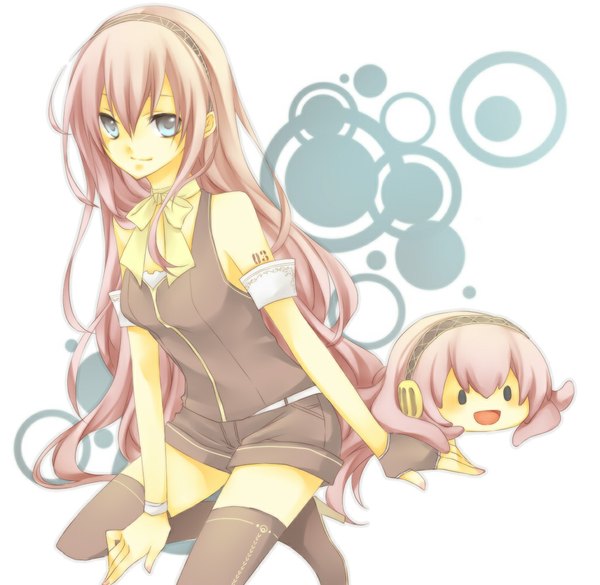 Anime picture 1024x1000 with vocaloid megurine luka takoluka kuroi (liar-player) long hair blue eyes pink hair chibi solid eyes girl thighhighs black thighhighs doll (dolls)