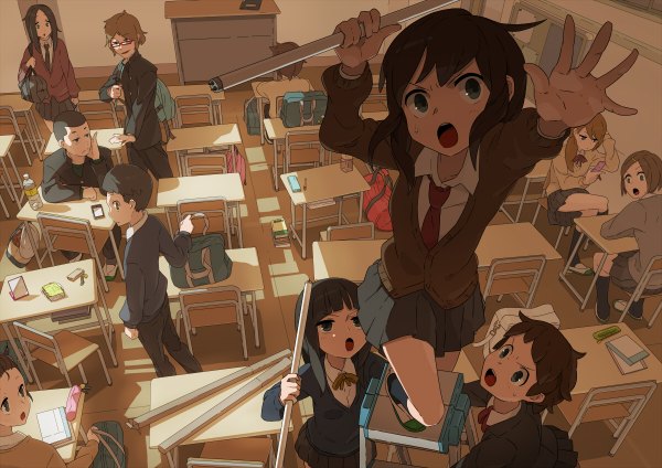 Anime picture 1200x848 with original tomioka jirou long hair short hair open mouth blue eyes black hair brown hair multiple girls brown eyes black eyes multiple boys 6+ girls classroom 8 girls girl boy skirt uniform school uniform