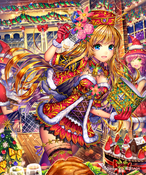 Anime picture 833x1000 with sengoku saga ells (ellsat) long hair tall image open mouth blue eyes blonde hair multiple girls green eyes purple hair christmas girl thighhighs dress gloves hair ornament 2 girls sweets book (books) cake