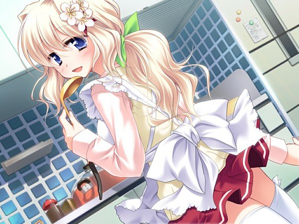 Anime picture 1024x768 with ouka sengoku! mouri terumoto (ouka sengoku) long hair blue eyes blonde hair game cg girl apron