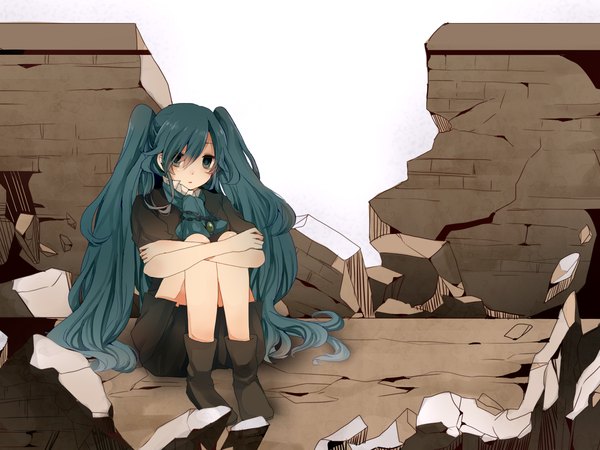 Anime picture 1200x900 with vocaloid hatsune miku komine (artist) twintails green eyes green hair ruins leg hug girl neckerchief