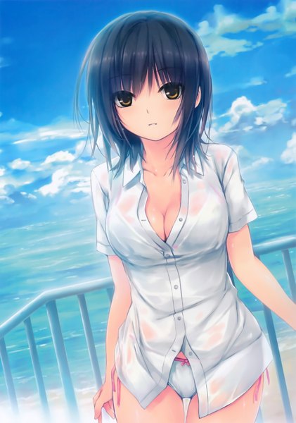 Anime picture 4609x6573 with original aoyama sumika coffee-kizoku single long hair tall image looking at viewer blush highres breasts light erotic absurdres sky cleavage cloud (clouds) scan beach wet clothes scenic wet shirt