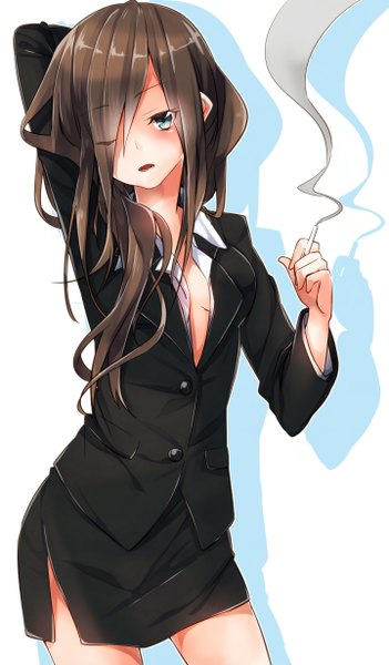 Anime picture 720x1230 with original sakuragi ren single long hair tall image looking at viewer blush fringe highres breasts open mouth blue eyes brown hair white background hair over one eye arm behind head smoke partially open clothes office lady girl