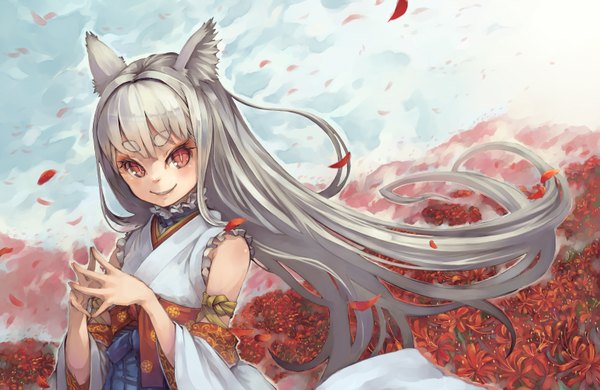 Anime picture 1538x1000 with original suzuno (bookshelf) single long hair looking at viewer blush smile red eyes bare shoulders animal ears sky traditional clothes japanese clothes wind grey hair eyeshadow fingers together field girl flower (flowers)