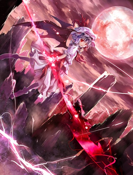 Anime picture 1000x1309 with touhou remilia scarlet torino aqua tall image short hair red eyes blue hair magic red moon girl dress wings bonnet spear spear the gungnir