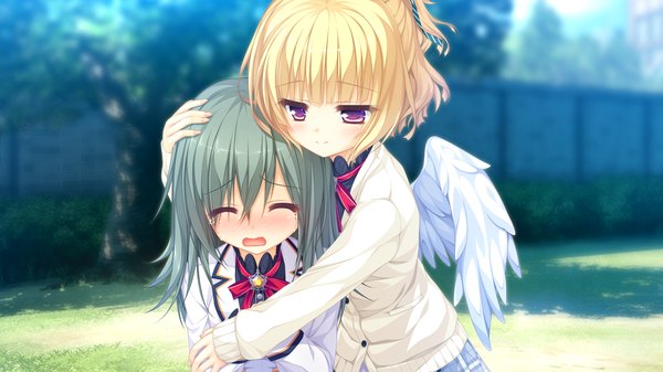 Anime picture 1920x1080 with world election whirlpool (studio) parfil (world election) blush highres short hair open mouth blonde hair smile wide image purple eyes multiple girls game cg eyes closed hug tears girl uniform 2 girls school uniform