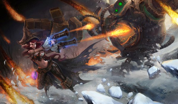 Anime picture 1920x1119 with miss fortune (league of legends) blitzcrank (league of legends) tagme (artist) long hair highres breasts wide image red hair torn clothes snow battle curly hair destruction pirate girl navel weapon hat gun cloak