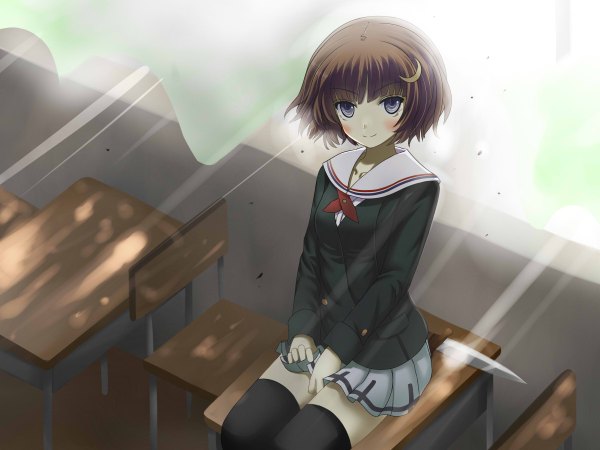 Anime picture 2400x1800 with kawano masatoshi looking at viewer blush highres short hair smile brown hair sitting black eyes crescent classroom girl thighhighs skirt uniform weapon black thighhighs school uniform knife