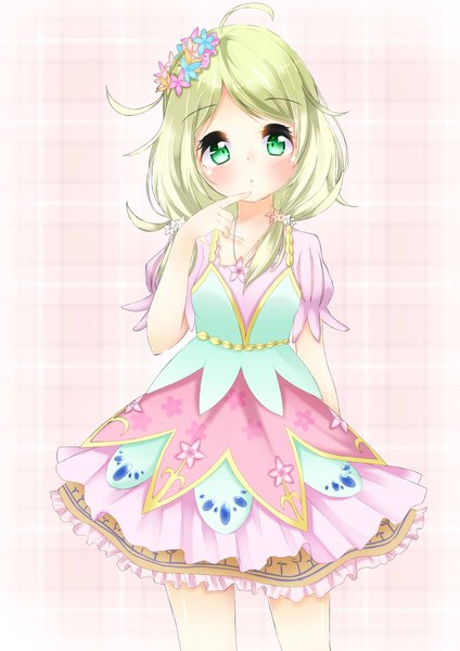 Anime picture 1413x2000 with idolmaster idolmaster cinderella girls yusa kozue keespring single long hair tall image looking at viewer blush fringe blonde hair green eyes ahoge hair flower finger to mouth thinking girl dress hair ornament