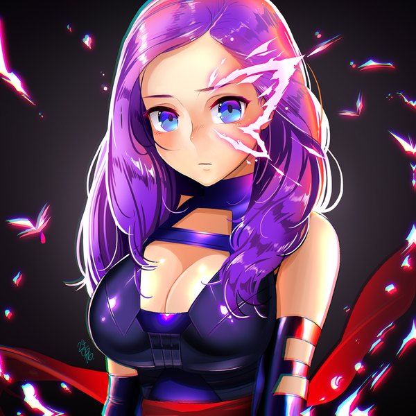 Anime picture 1000x1000 with x-men marvel comics psylocke alcoholrang single long hair looking at viewer blush breasts blue eyes light erotic simple background large breasts purple eyes bare shoulders cleavage purple hair upper body sleeveless glowing