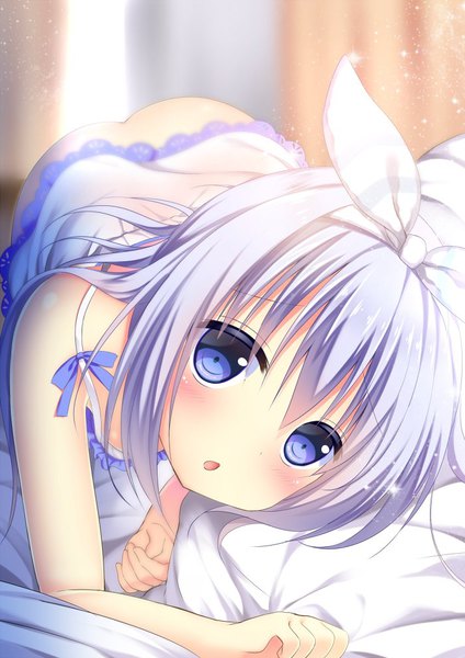 Anime picture 700x990 with gochuumon wa usagi desu ka? white fox kafuu chino shibainu niki single long hair tall image looking at viewer fringe open mouth blue eyes light erotic hair between eyes payot blue hair lying head tilt blurry :o sparkle