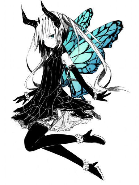 Anime picture 1125x1500 with original keid single long hair tall image looking at viewer blue eyes simple background smile white background twintails bent knee (knees) horn (horns) monochrome insect wings butterfly wings partially colored girl thighhighs dress