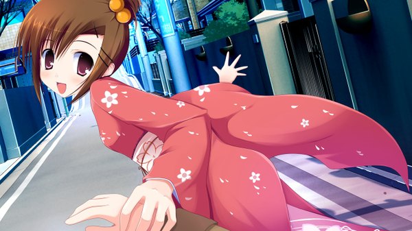 Anime picture 1280x720 with sakura no sora to kimi no koto hanesaga chiharu short hair open mouth red eyes brown hair wide image game cg japanese clothes girl kimono