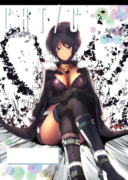 Anime picture 2500x3500 with original cafe au lait (kafeore) single tall image highres short hair breasts light erotic black hair smile sitting brown eyes cleavage crossed legs girl thighhighs gloves black thighhighs thigh boots