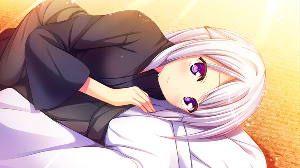 Anime picture 1280x720 with harvest overray giga yatsurugi komachi long hair looking at viewer blush smile wide image purple eyes game cg white hair traditional clothes japanese clothes girl