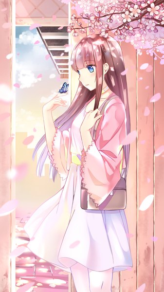 Anime picture 648x1152 with original skybuster long hair tall image blush fringe blue eyes brown hair standing looking away pink hair cloud (clouds) blunt bangs profile light smile wind sunlight wide sleeves cherry blossoms gradient hair