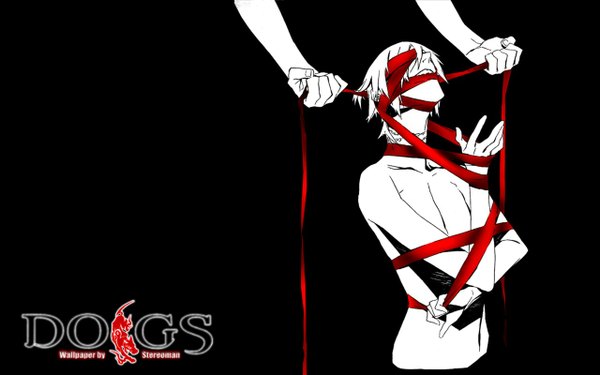 Anime picture 1280x800 with dogs: bullets & carnage david production haine rammsteiner short hair light erotic simple background wide image white hair inscription black background monochrome scar covering eye (eyes) naked ribbon boy ribbon (ribbons) hands