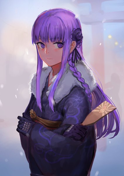 Anime picture 579x819 with dangan ronpa kirigiri kyouko monomi nuda single long hair tall image blush fringe simple background purple eyes payot looking away purple hair blunt bangs braid (braids) traditional clothes japanese clothes single braid crossed arms