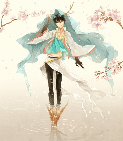 Anime picture 1000x1150 with original tsukudato single tall image short hair black hair red eyes standing looking away pink eyes horn (horns) light smile wind cherry blossoms reflection yellow background brown background boy gloves navel