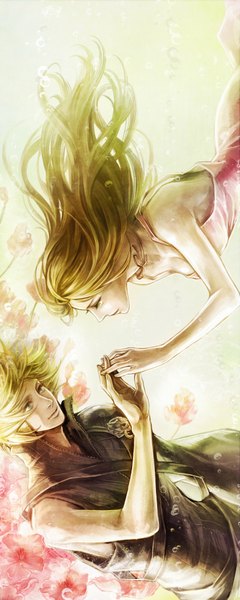 Anime picture 800x2000 with final fantasy vii aerith gainsborough cloud strife tetra takamine long hair tall image short hair blue eyes blonde hair simple background green eyes couple holding hands face to face falling girl dress boy flower (flowers) cloak