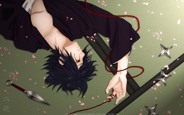 Anime picture 2560x1600 with naruto studio pierrot naruto (series) uchiha sasuke cilou (artist) single highres short hair black hair red eyes wide image lying open clothes sharingan boy weapon petals thread dagger red thread