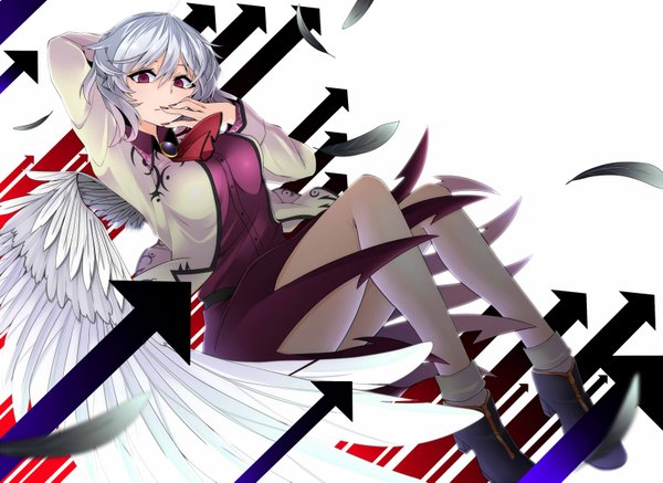 Anime picture 1600x1167 with touhou kishin sagume rihito (usazukin) single looking at viewer short hair red eyes sitting silver hair from below finger to mouth arm behind head single wing girl pantyhose wings boots feather (feathers) neckerchief brooch